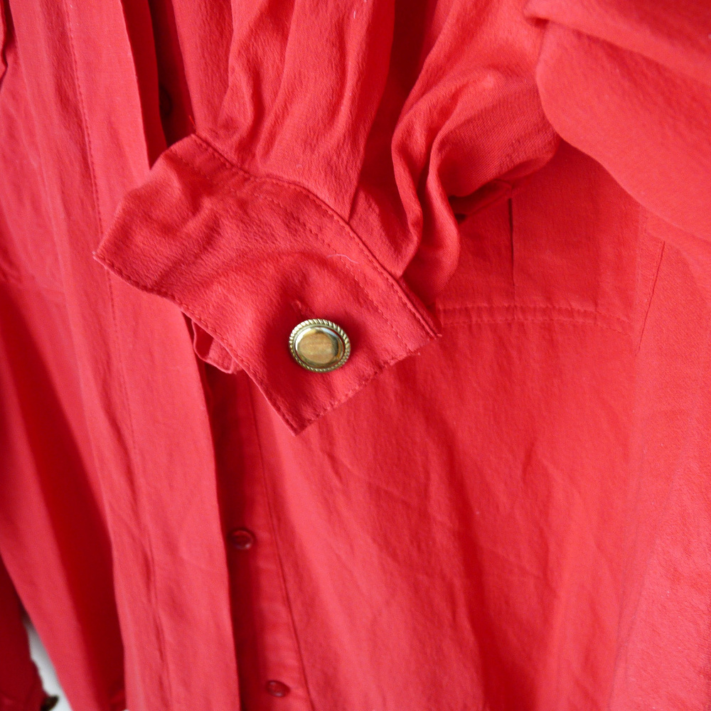 SK & Company red silk blouse shirt brass buttons - Picture 4 of 7